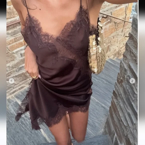 ZARA ASYMMETRIC LACE DRESS Brown Chocolate - Picture 2 of 16